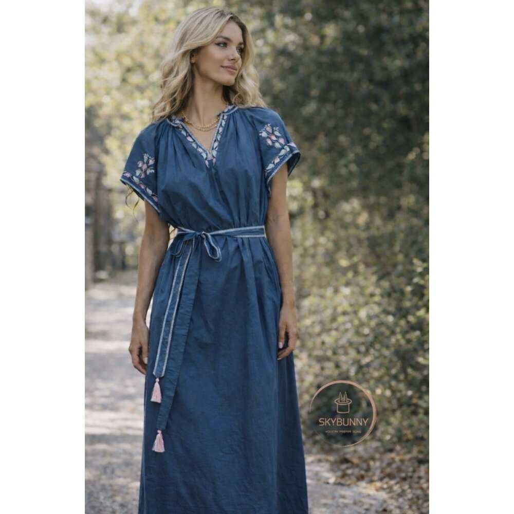 Ex Voto Bri Embroidered Cotton Blue Midi Dress XS/S NWT Lined Tassel Belt $269
